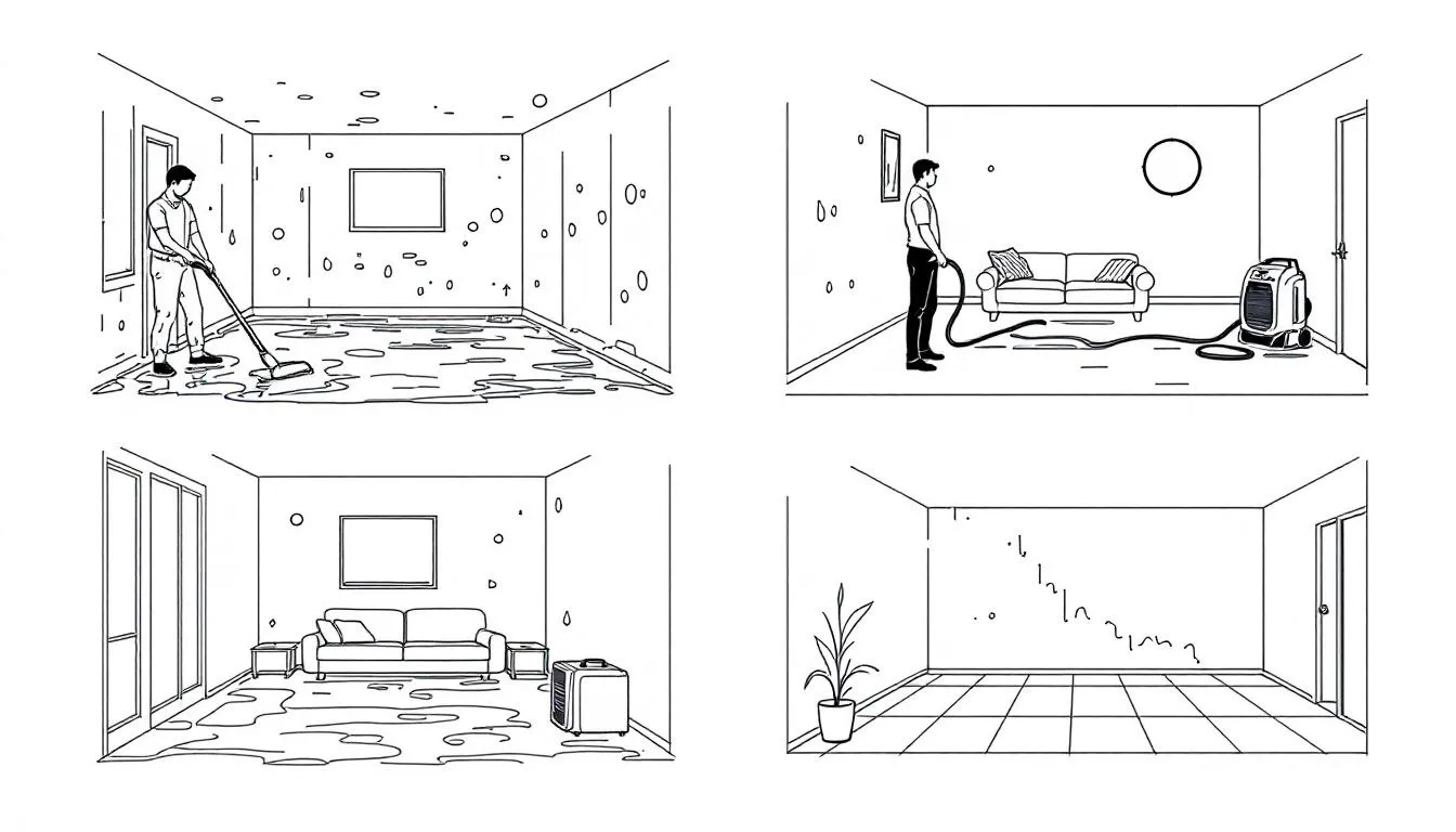 An illustration depicting the water damage restoration process.