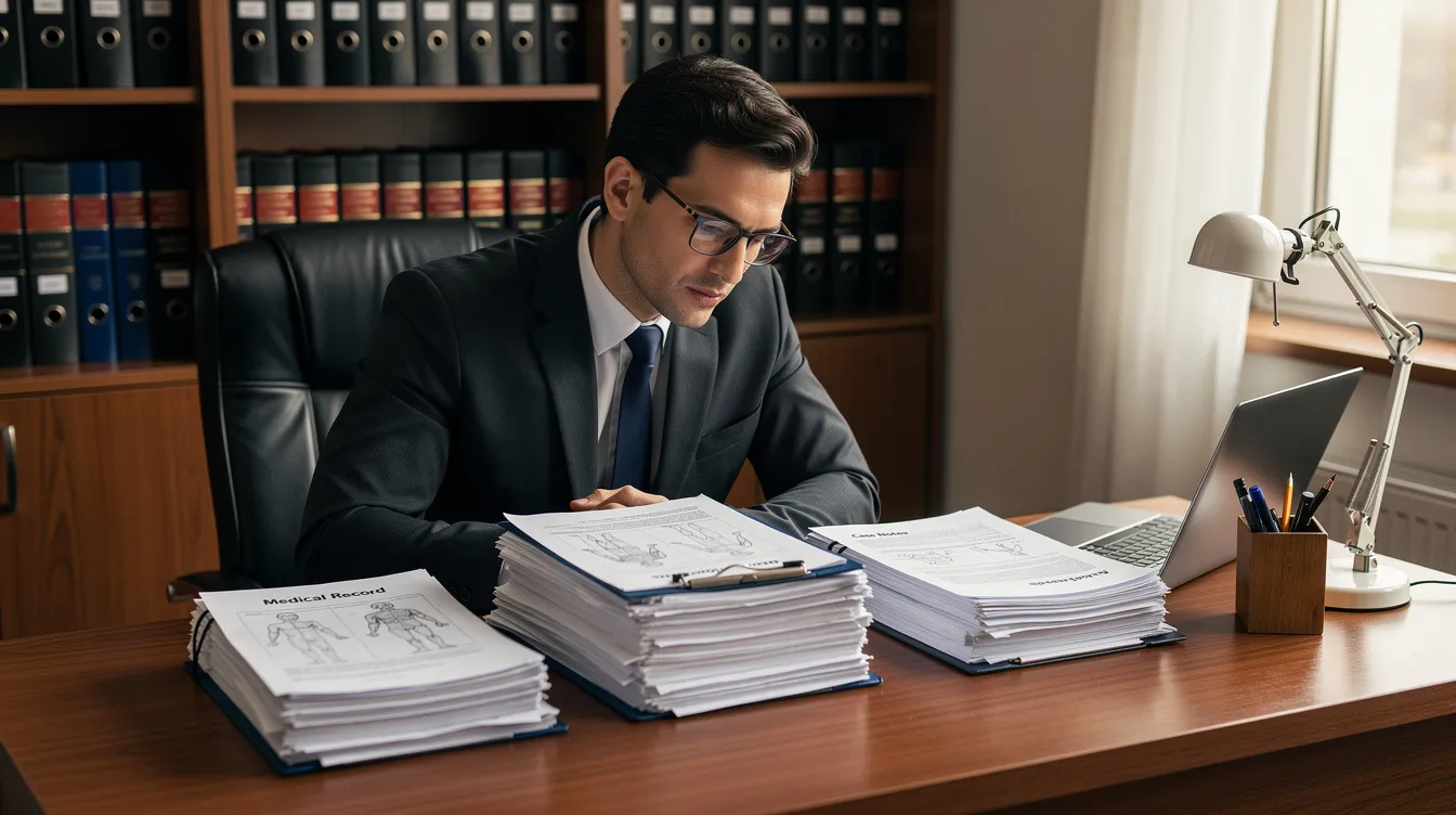 A legal professional, serving as a personal injury lawyer, is seated at a desk meticulously reviewing a stack of documents and medical records, highlighting their commitment to providing top-notch legal services for personal injury victims. The environment suggests a thorough approach to personal injury cases, emphasizing the lawyer's dedication to achieving maximum compensation for their clients.