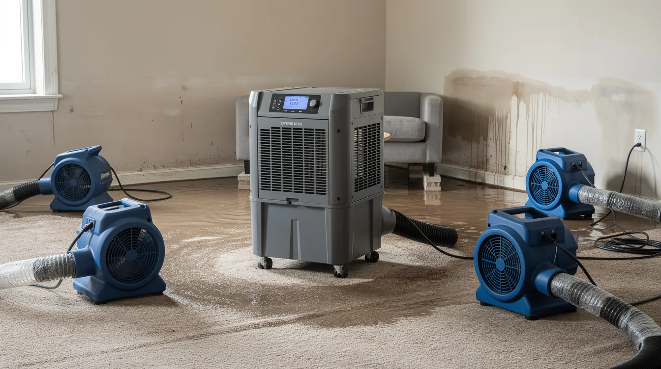 The image shows restoration equipment, including dehumidifiers and air movers, actively working in a room affected by water damage, highlighting the restoration process to mitigate issues like mold growth and structural damage. Visible signs of water intrusion are present, emphasizing the importance of quick action to prevent further damage and costly repairs.