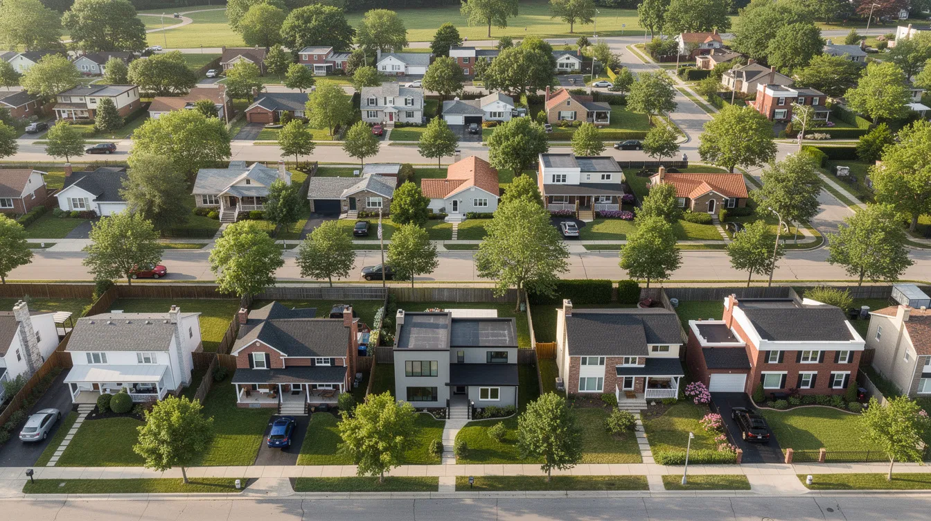 An aerial view of a residential neighborhood showcases a variety of house styles set along tree-lined streets, illustrating the charm and diversity of local communities. This image highlights the importance of local search optimization for contractors aiming to attract potential customers in their service area.