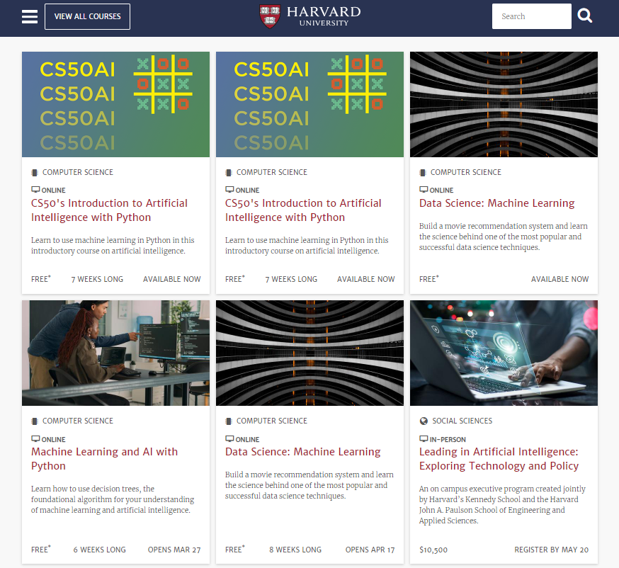 Examples of AI online caourses from Harvard University