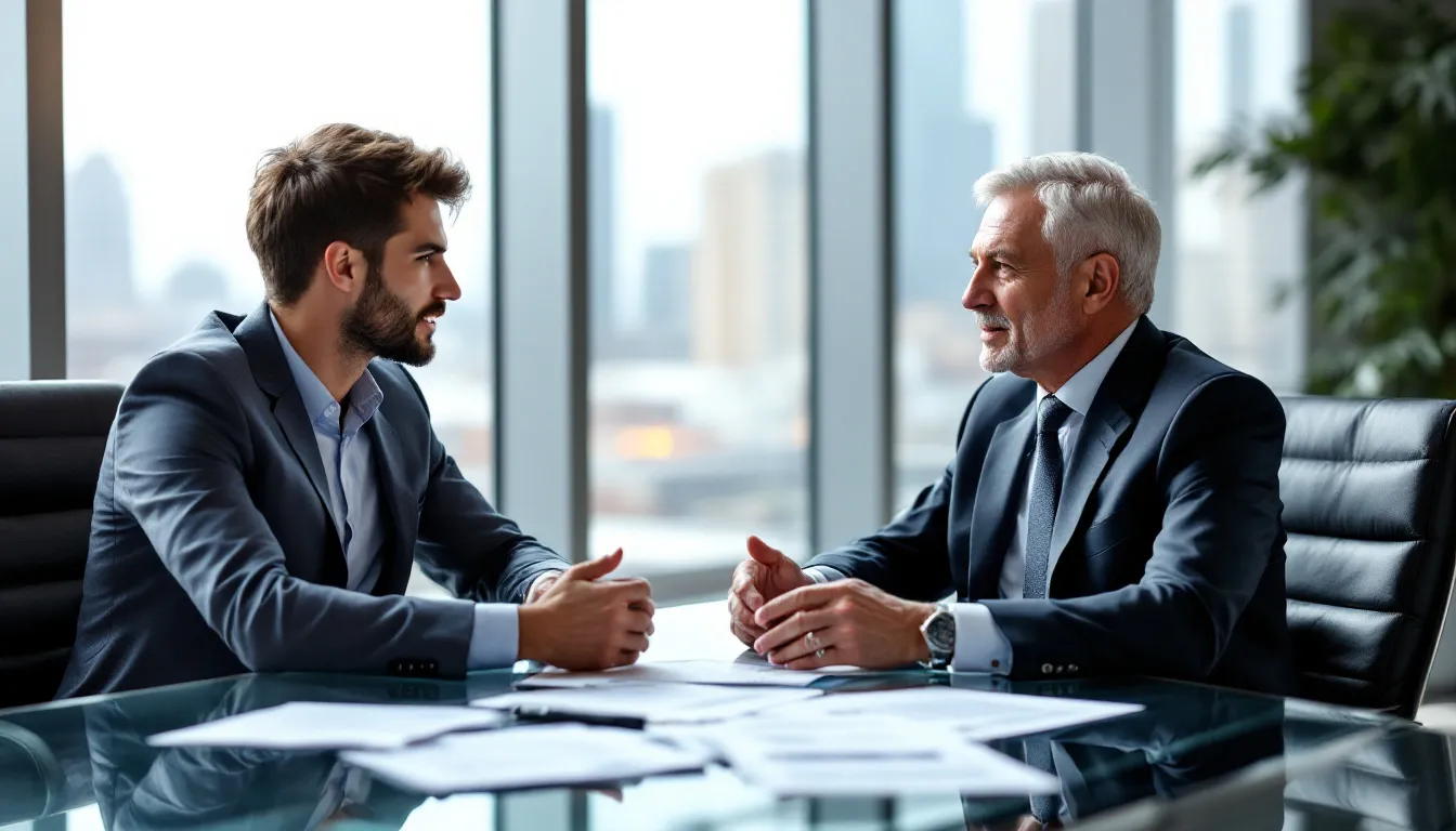 A senior executive and a younger manager engage in a mentoring discussion, symbolizing the importance of succession planning in a business context. This interaction highlights key elements such as supplemental executive retirement plans and strategies for retaining top talent within the company.