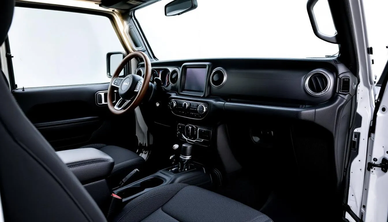 Interior of 4-door Jeep Wrangler featuring modern dashboard with technology, comfortable seating, center console with USB ports, and spacious cargo area