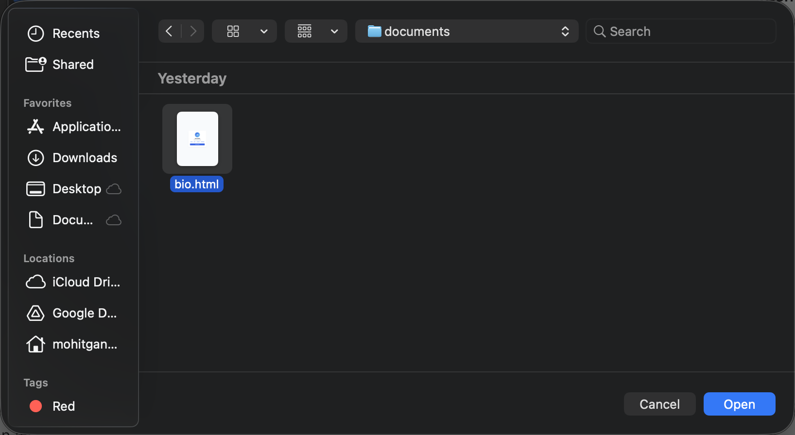Find the file in the File Picker menu