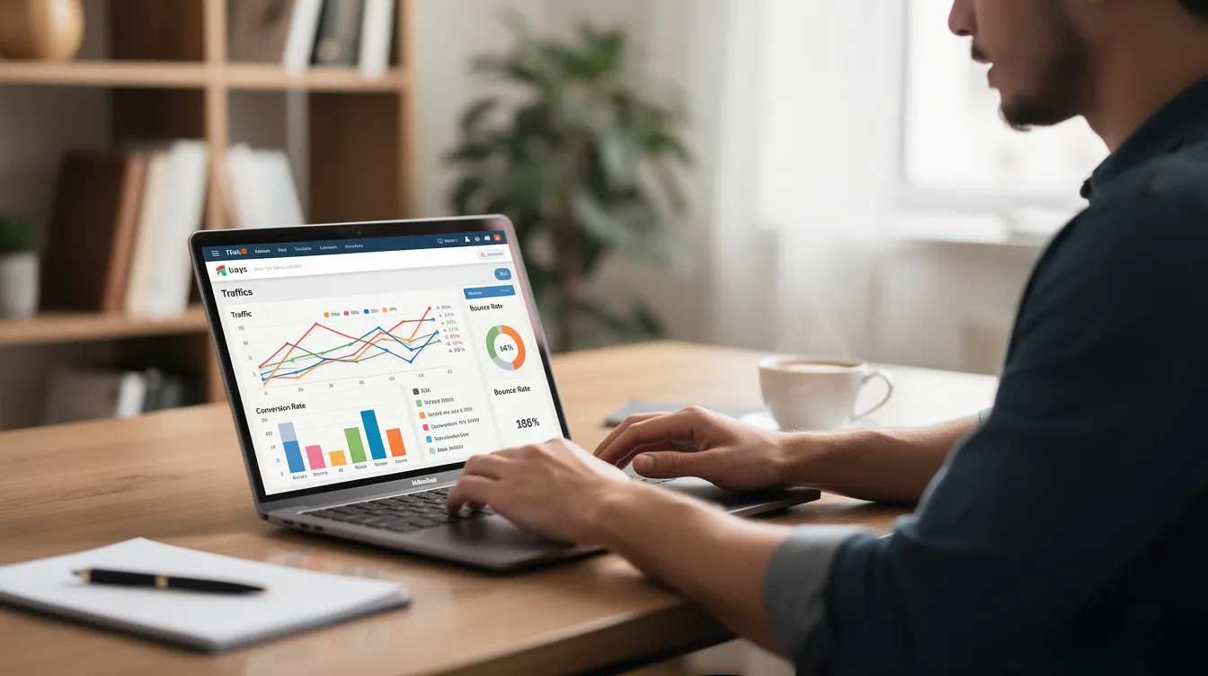 A person is seated at a desk, intently analyzing website analytics graphs displayed on their laptop screen, with a steaming cup of coffee nearby. This scene highlights the importance of search engine optimization (SEO) efforts in understanding website performance and improving search engine rankings.