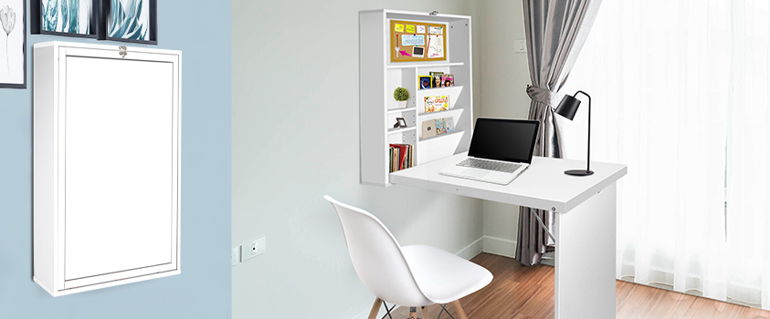 A before and after shot of the Artiss White Foldable Desk with bookshelf. On the left the desk is folded away for storage. On the right it is open and filled with office supplies.