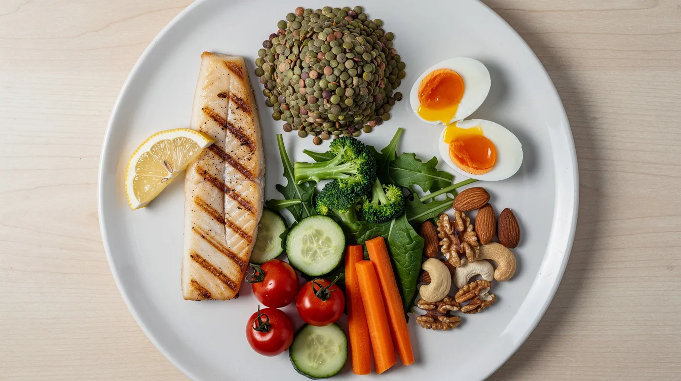 Auf dem Teller sind proteinreiche Lebensmittel zu sehen, darunter gegrillter Fisch, Linsen, Eier, Nüsse und frisches Gemüse, die eine wichtige Rolle in der Ernährung zur Bekämpfung von Muskelschwund und zur Erhaltung der Muskelkraft spielen. Diese Kombination unterstützt besonders Senioren, um Muskelmasse zu erhalten und den Folgen von Bewegungsmangel entgegenzuwirken.