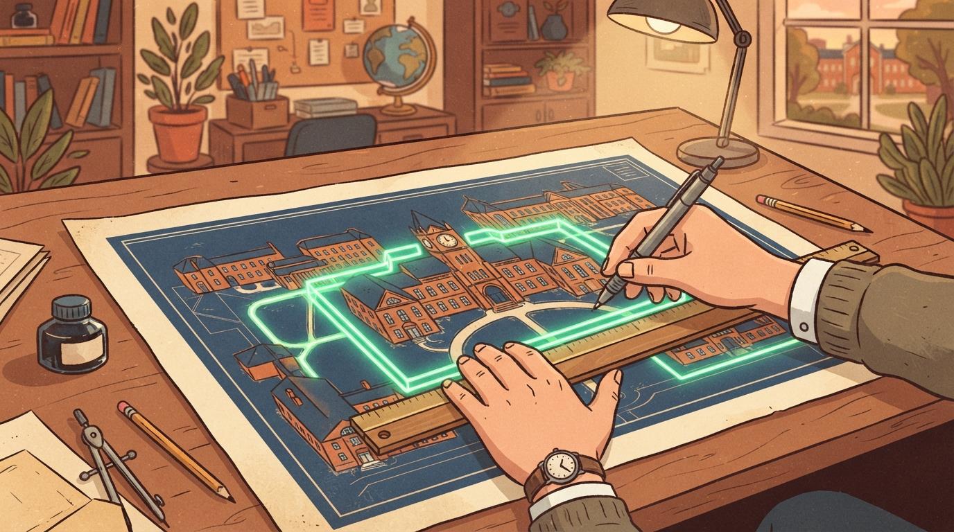 Illustration of guardrails being drawn around a university building blueprint, representing responsible AI use built into higher education institutions