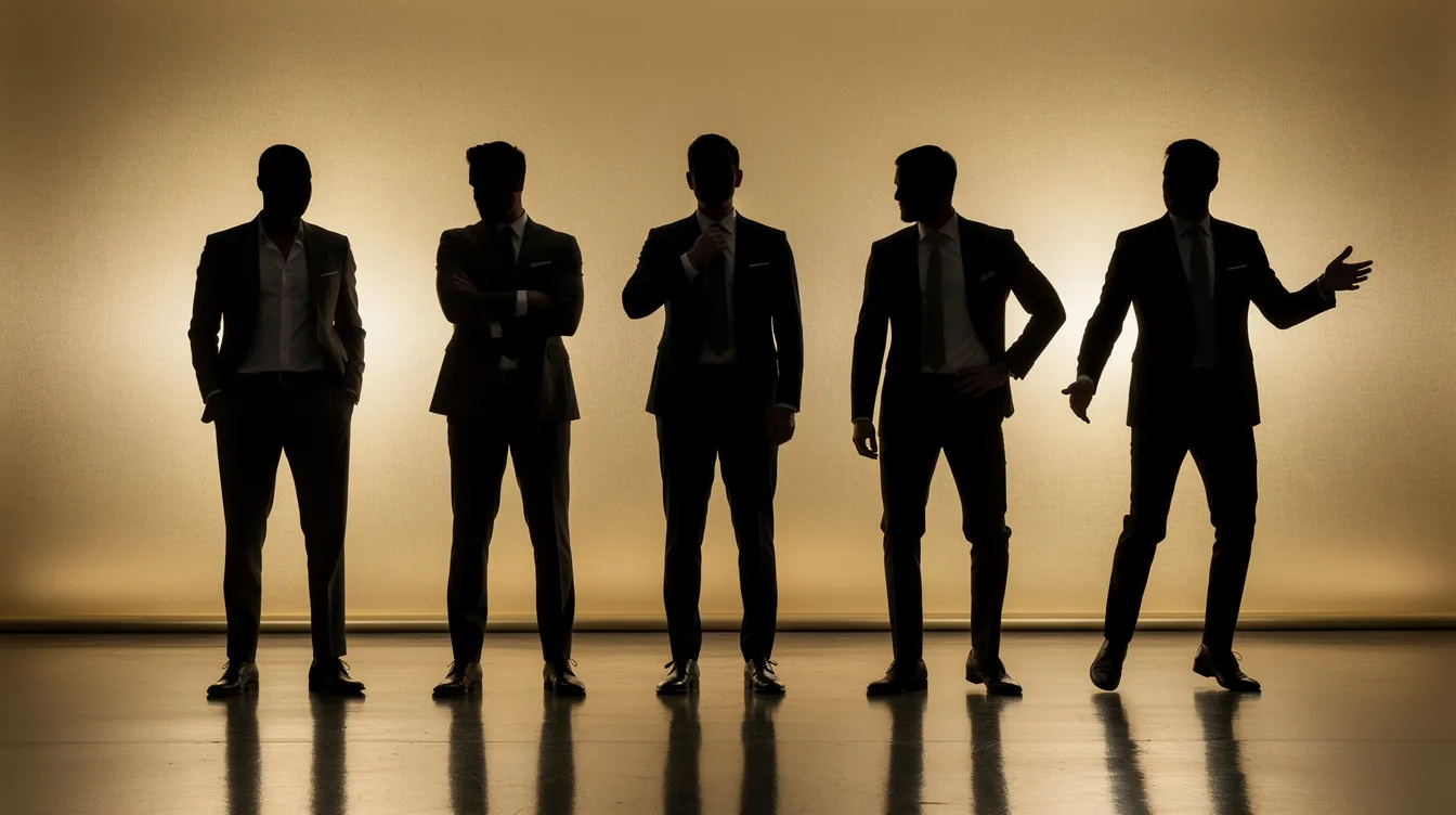 Sechs Silhouetten von Männern in eleganten Anzügen stehen in charakteristischen Posen vor einem goldenen Hintergrund, was an die stilvollen Auftritte der James-Bond-Filme erinnert. Diese Darstellung spiegelt die Vielfalt der Bond-Darsteller wider und vermittelt das Gefühl von Spannung und Abenteuer, das die berühmte Filmreihe auszeichnet.