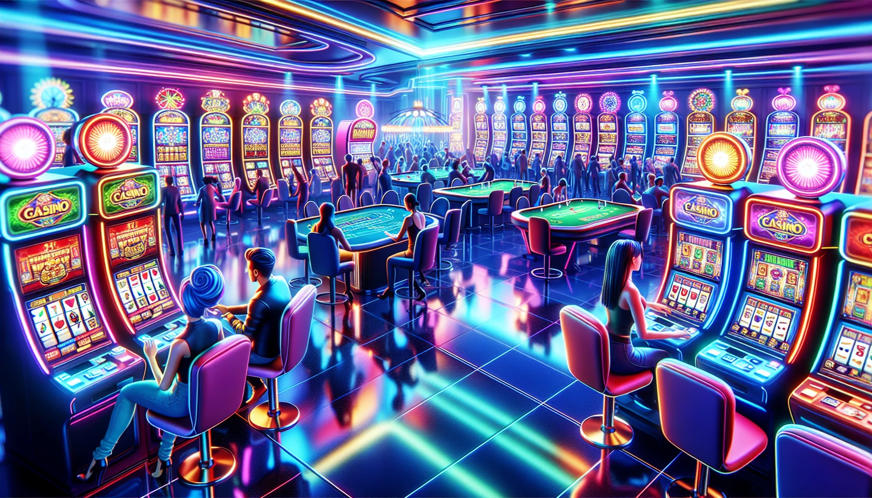 Illustration eines lebendigen Online-Casinos mit verschiedenen Spielautomaten und Spieltischen