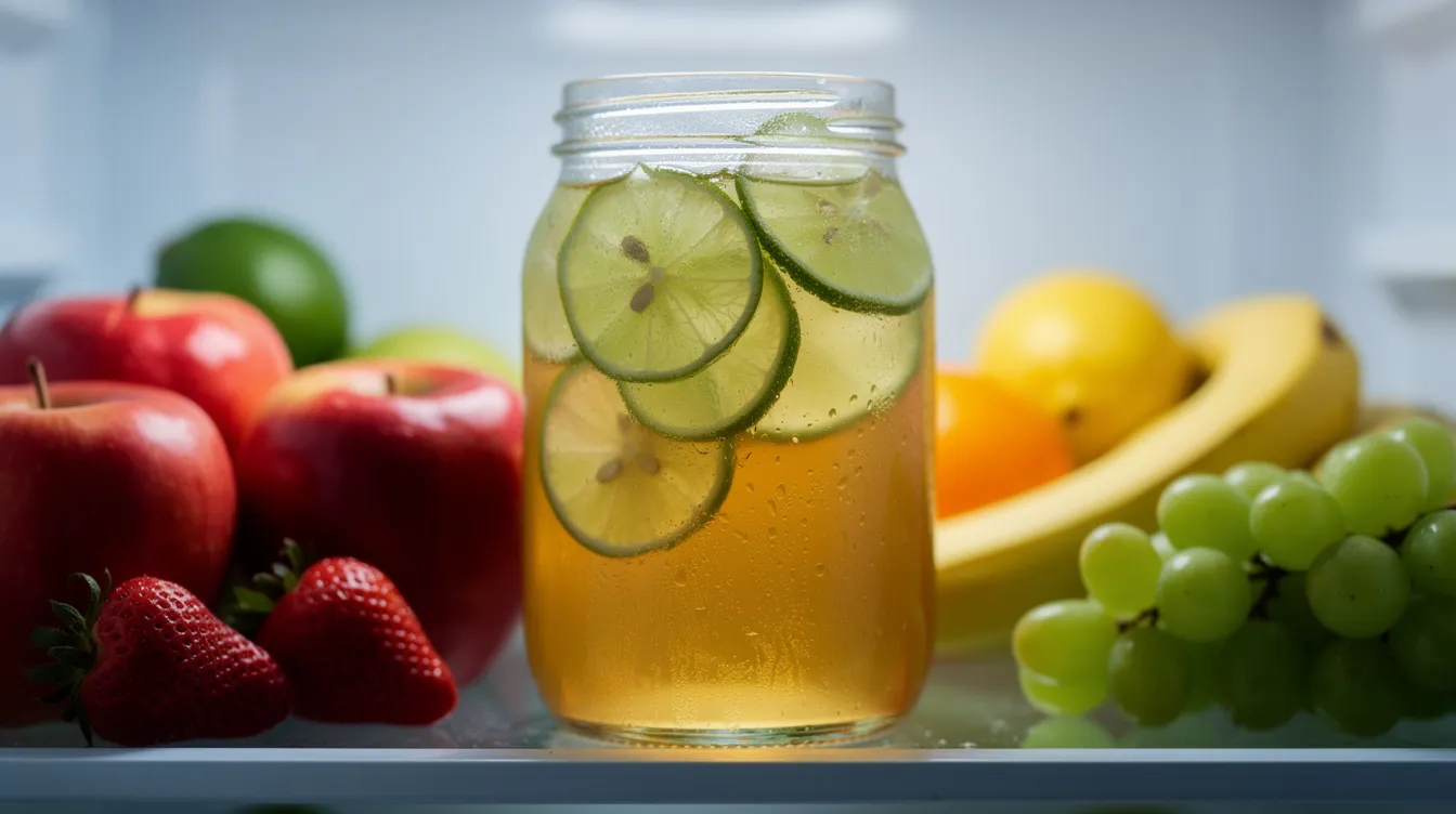 W lodówce stoi szklany słoik z zieloną herbatą cold brew, ozdobiony plasterkami limonki, obok którego znajdują się świeże owoce. To orzeźwiający napój idealny na upalne dni, który skutecznie ugasi pragnienie.