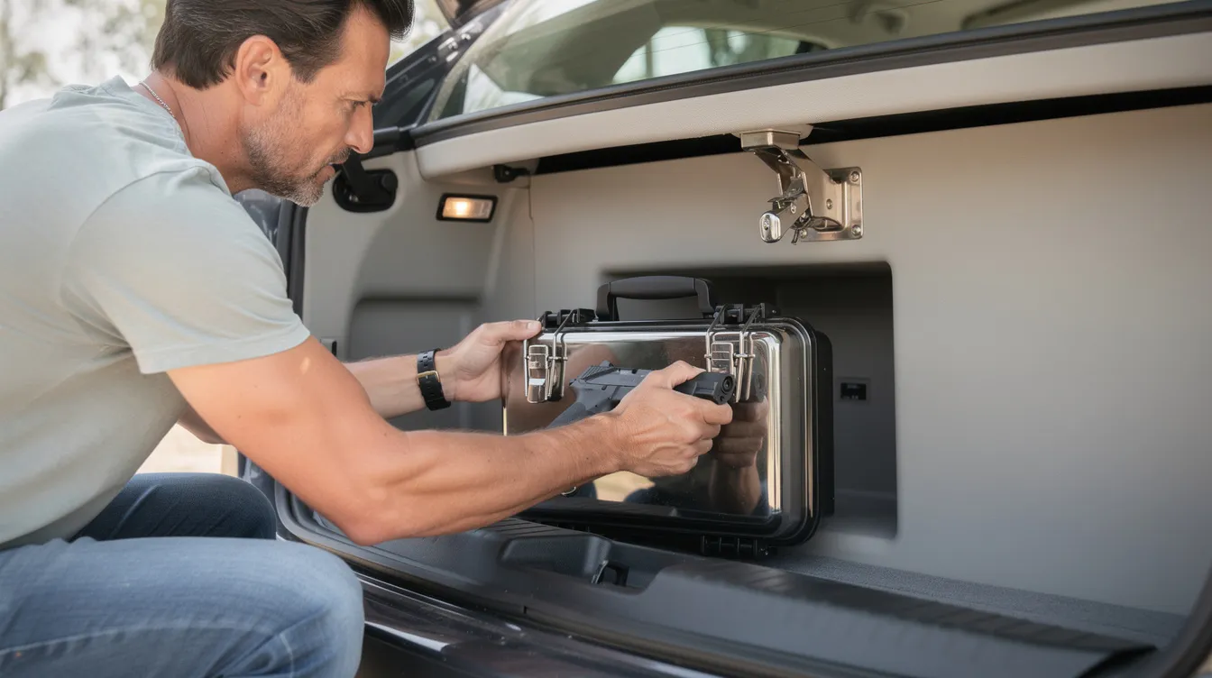 An adult carefully places a secured handgun case into a locked compartment of a vehicle, demonstrating responsible gun ownership and adherence to state law regarding the lawful possession of firearms. This action reflects a commitment to public safety and the prevention of gun violence, in line with Utah gun laws.