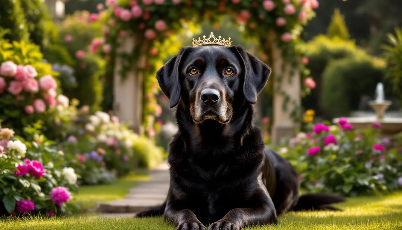 A regal female dog, resembling a character from a Disney movie, is sitting gracefully in a lush garden, adorned with a small tiara that adds a touch of elegance to her appearance. This furry friend embodies the charm of iconic characters, making her a delightful sight in the serene outdoor setting.