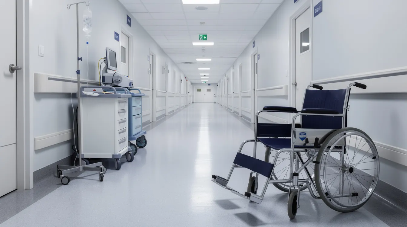 The image depicts a hospital hallway equipped with various medical devices and a wheelchair, indicating a setting where patients, possibly car accident victims, receive medical attention for their injuries. This environment highlights the importance of seeking prompt medical care following a motor vehicle accident, especially for those dealing with severe injuries or traumatic brain injuries.