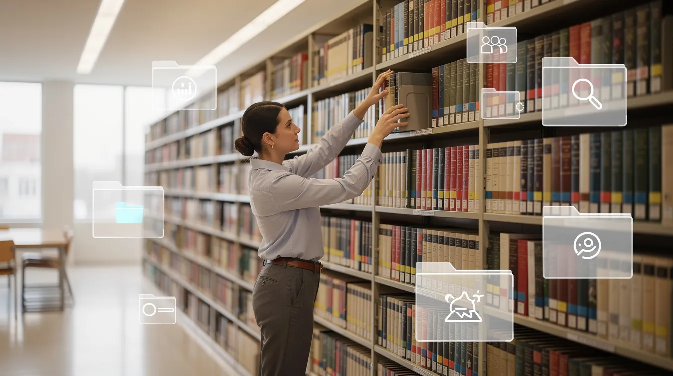 The image depicts a librarian meticulously organizing books on shelves, representing the concept of document retrieval and organization. This scene symbolizes the careful management of information, akin to how large language models and generative models process and retrieve data to enhance understanding in natural language processing tasks.