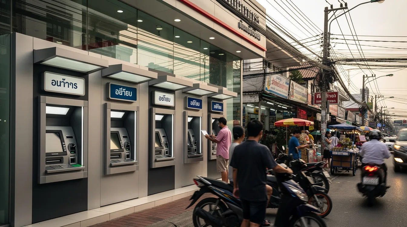 A row of ATM machines is situated outside a bank branch on a bustling street in Thailand, providing convenient access for customers to manage their finances, including cash withdrawals and bill payments. This scene reflects the everyday banking experience in Thailand, where both locals and foreign customers can utilize services from banks like Bangkok Bank and Siam Commercial Bank.