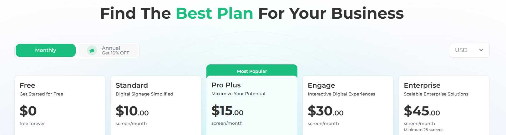 OptiSigns has five pricing plans: Free, Standard, Pro Plus, Engage, and Enterprise.