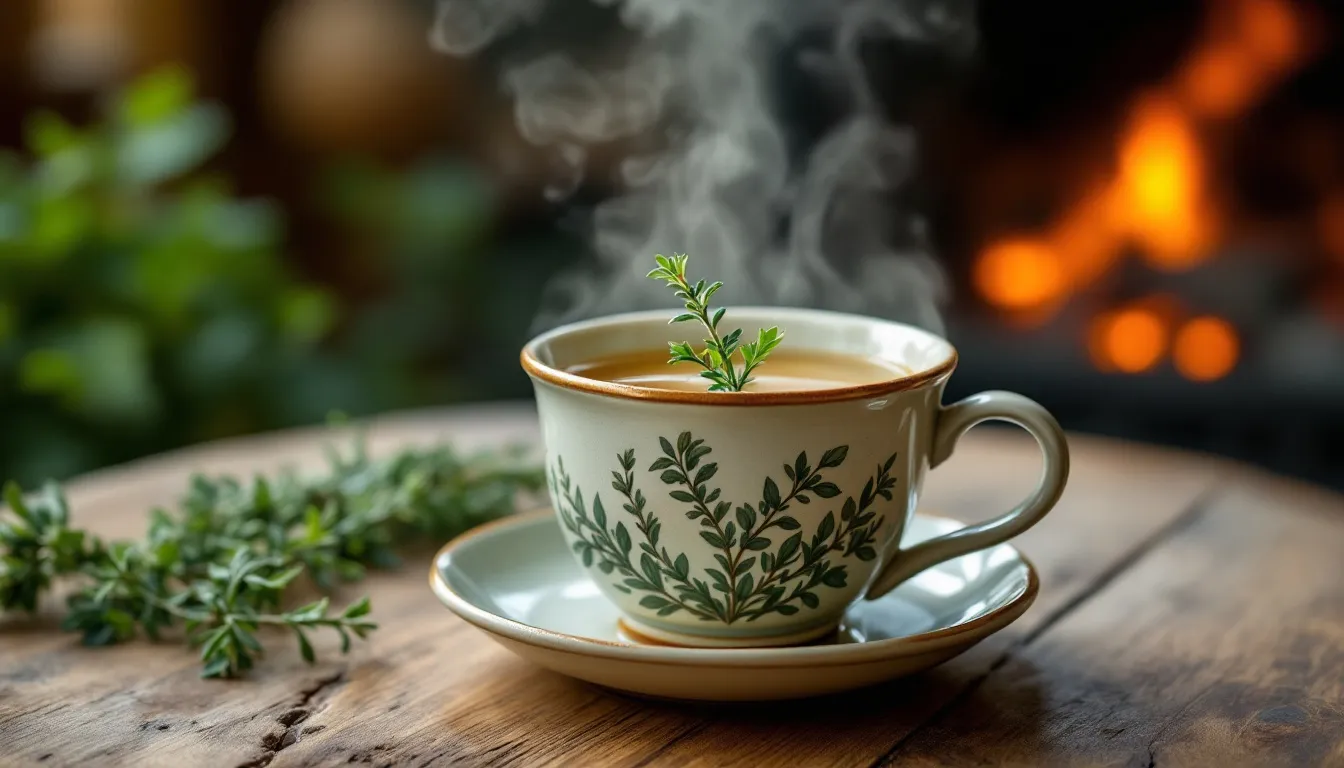 10 Health Benefits of Thyme: Nutrition, Uses, and Tips 3 A steaming cup of thyme tea, representing thyme's role in respiratory health and its health benefits.