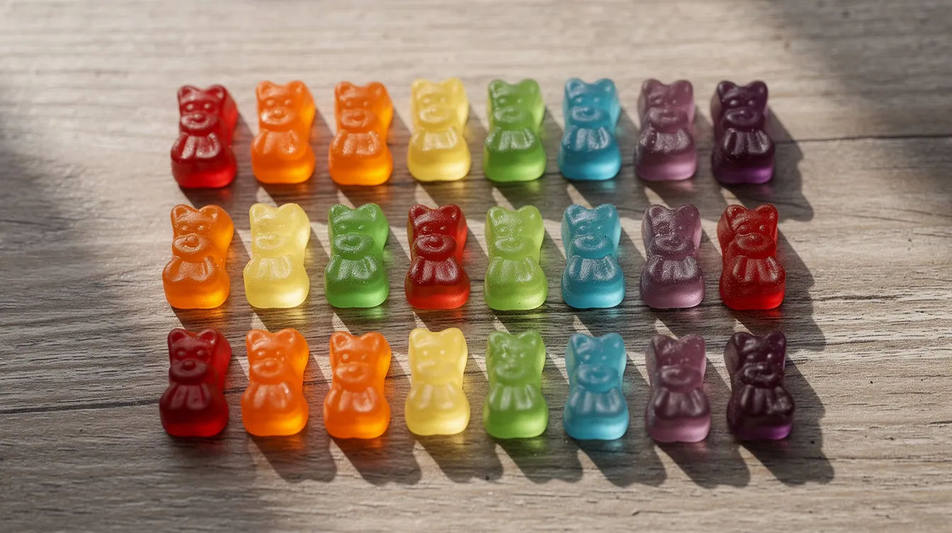 The image features a vibrant assortment of gummy candies, arranged neatly on a rustic wooden surface, showcasing a variety of colors and shapes. These colorful treats evoke a sense of fun and indulgence, reminiscent of the hemp-derived products that are legal in New Mexico under the hemp manufacturing act.