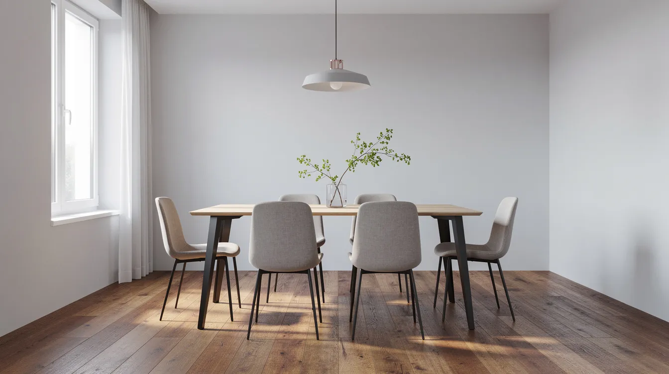 Een rechthoekige eettafel met stoelen staat in een moderne eetkamer met een houten vloer, wat bijdraagt aan een gezellige sfeer. De tafel heeft een tijdloze uitstraling en biedt voldoende ruimte voor een maaltijd met vrienden of familie.