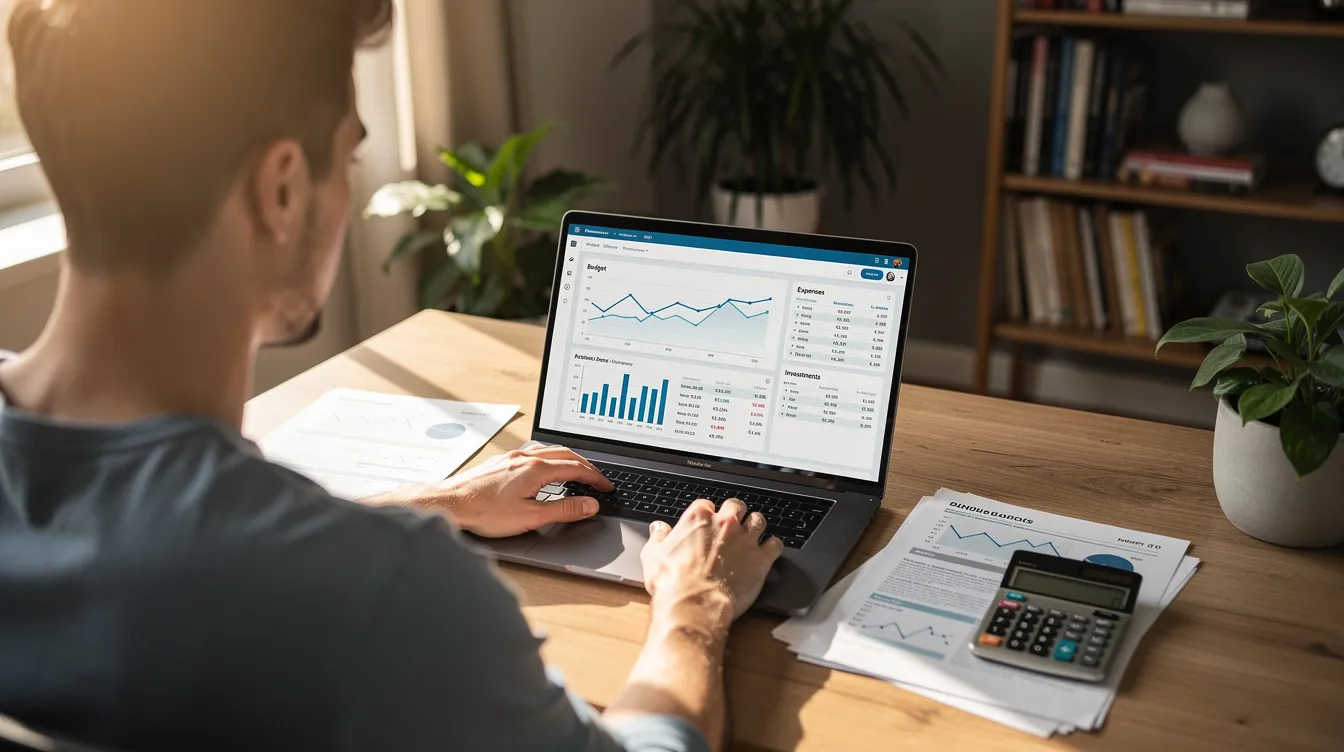 A person is seated at a desk in a home office, focused on reviewing financial documents on a laptop. The workspace is organized, featuring a few scattered papers and a cup of coffee, highlighting a typical setting for managing personal loans and financial applications.