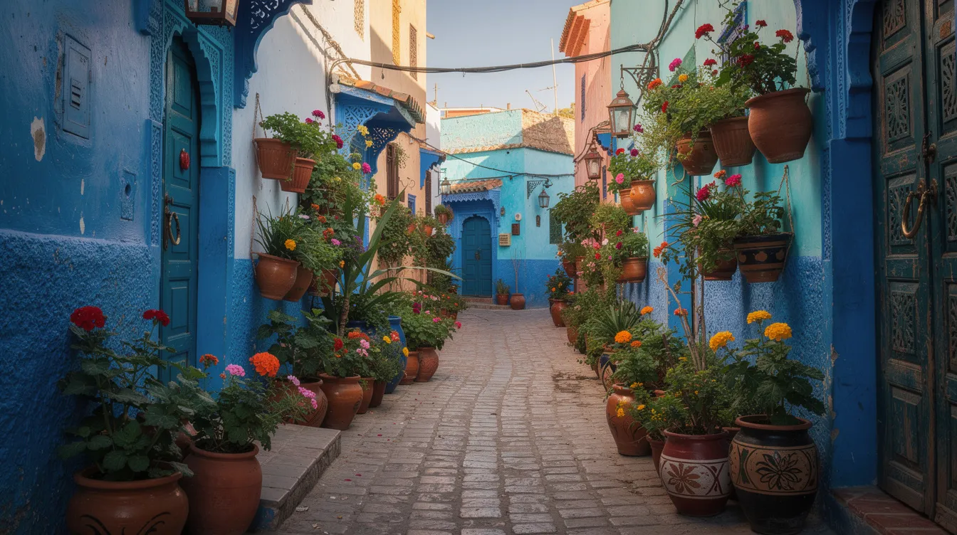 Een kleurrijke, smalle straat in een Marokkaanse medina met blauwe muren en potplanten. Deze pittoreske omgeving nodigt uit tot verkenning, perfect voor bezoekers die auto willen huren in Tanger om de stad en zijn geheimen te ontdekken.