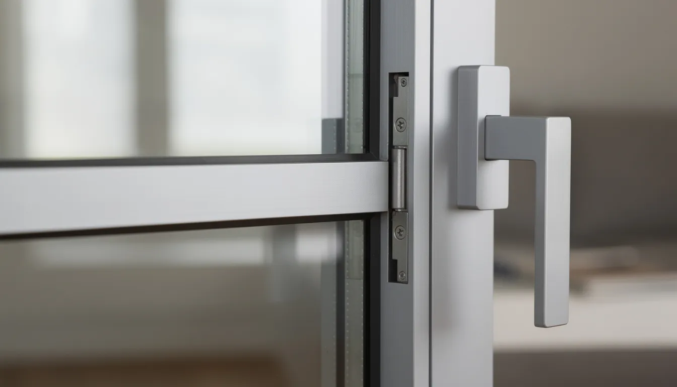 A close-up view of a modern aluminum window frame featuring double glazing and sleek hardware, showcasing the quality of aluminium joinery. This image highlights the design and functionality of windows and doors suitable for contemporary homes in Te Awamutu.