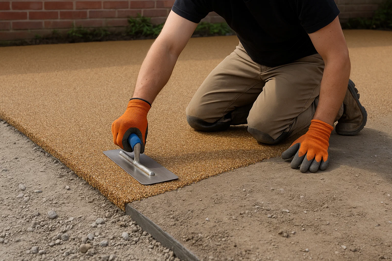 Driveway installation in progress with tradesperson applying resin to base layer.