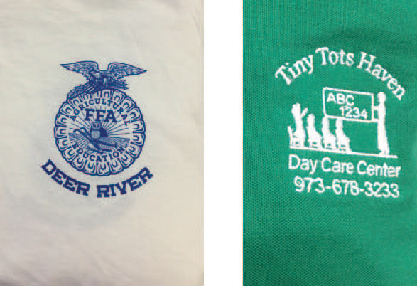 Screen printing on a t shirt and embroidery on a polo shirt examples of a chest logo placement