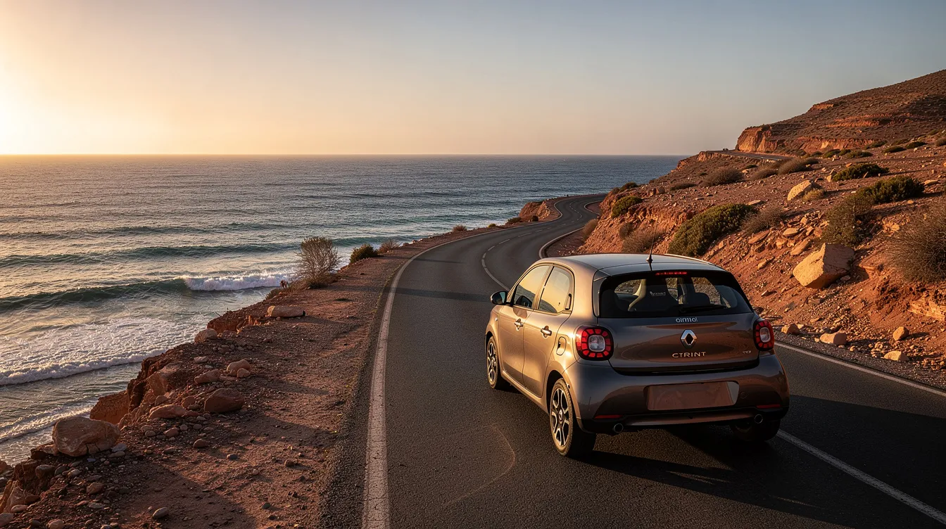 Un'auto compatta, come una Hyundai i10 o una Dacia Sandero, percorre una strada costiera in Marocco, con l'oceano Atlantico che si estende sullo sfondo. Questa immagine evoca la libertà di viaggiare e noleggiare un'auto per esplorare le meraviglie del paese.