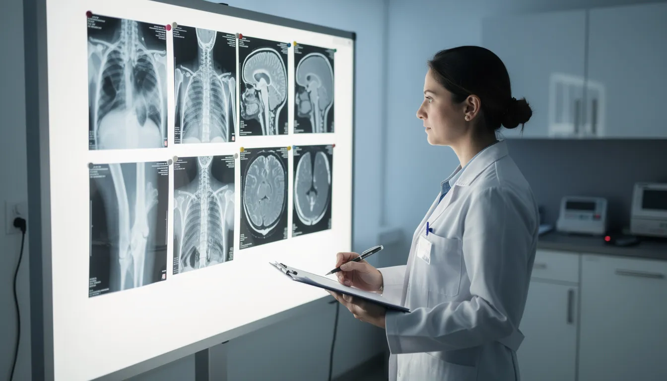 A medical professional is intently reviewing X-ray or MRI images on a light board, likely assessing the medical evidence necessary for a workers compensation claim. This scene emphasizes the importance of accurate medical documentation in the appeals process for injured workers facing denied claims.