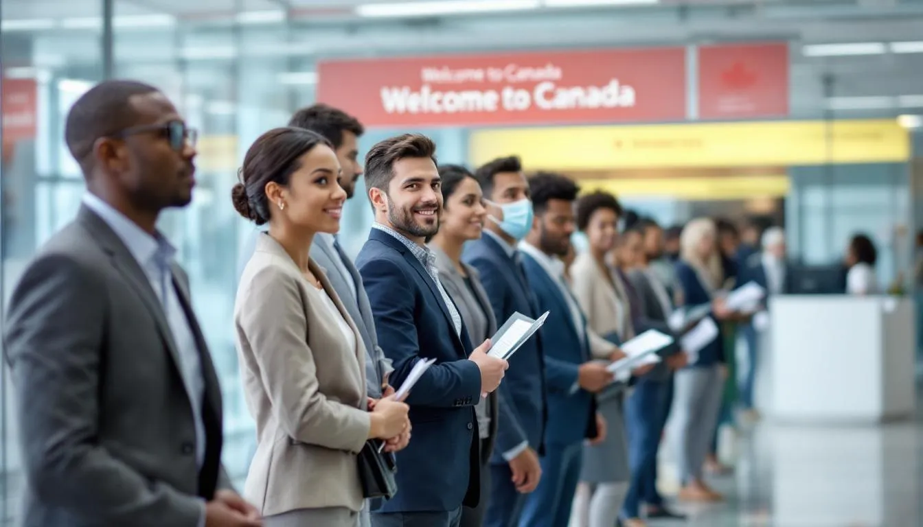 Immigrants in Canada are depicted in a diverse group, showcasing skilled workers and international students who contribute to the Canadian economy and society. The image highlights the importance of Canada's immigration system in filling labor gaps and supporting economic growth through various immigration programs and pathways for permanent residency.