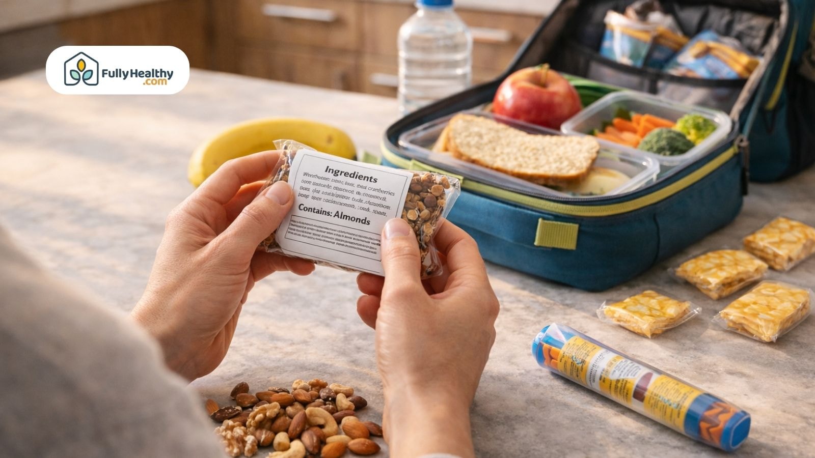 Parent checking snack label lunchbox epinephrine auto injector nearby