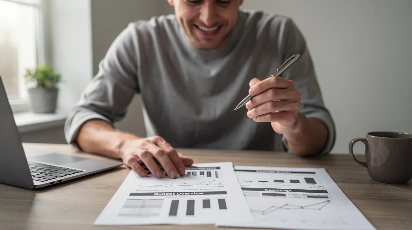 A relieved person is reviewing a simplified financial plan on paper, indicating a sense of clarity regarding their financial situation. The document likely includes details such as the actual annual interest rate and monthly repayment amounts for a private loan application.