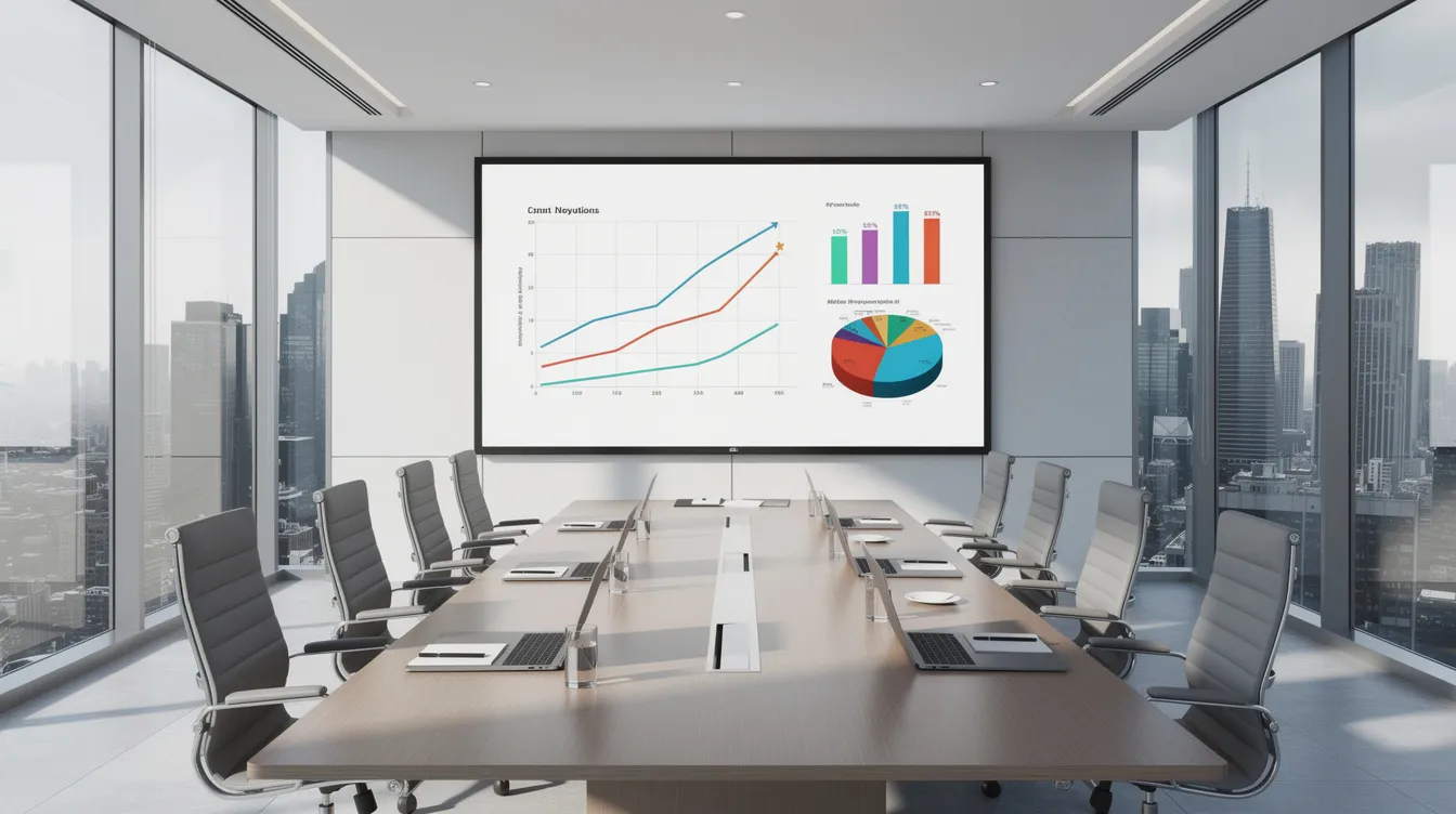 The image depicts a modern conference room featuring a large display screen that showcases various business charts and graphs, highlighting key data and presentation message data. This setup emphasizes the importance of presentation display availability for effective communication during meetings.
