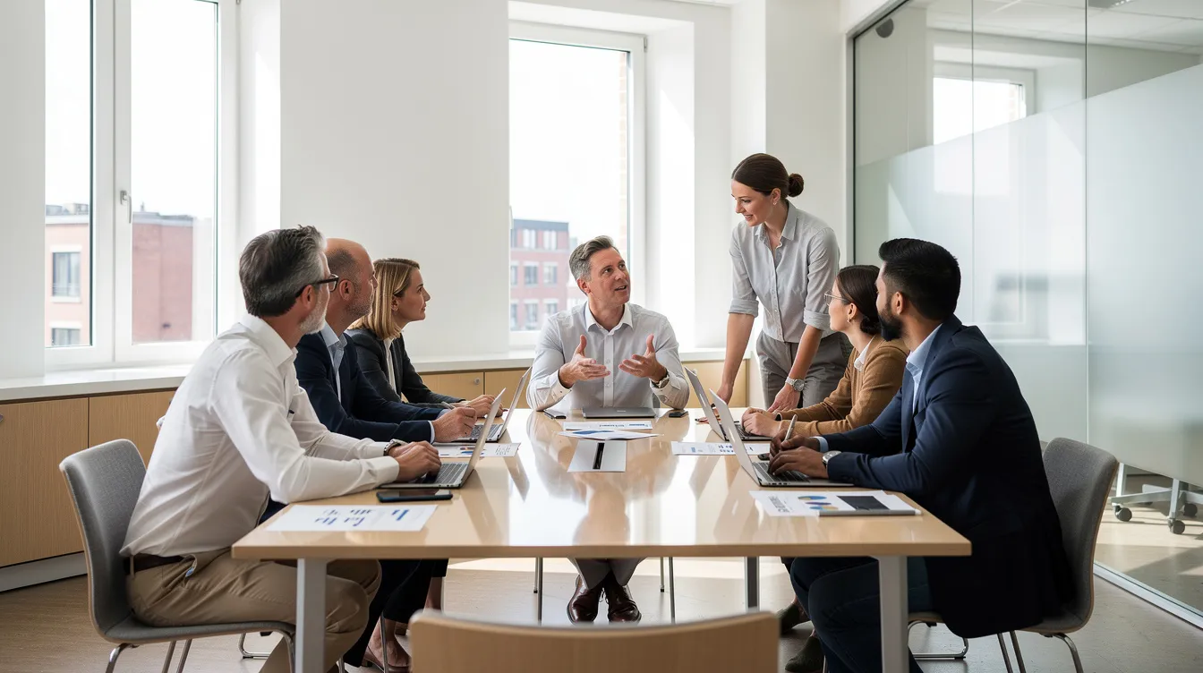 Een projectteam is bezig met een gesprek in een lichte vergaderruimte, waar verschillende stakeholders, waaronder interne en externe belanghebbenden, hun input delen over de nieuwe projectfase. De sfeer is open en gericht op effectieve communicatie om de verwachtingen en belangen van alle betrokken partijen te begrijpen en te managen.