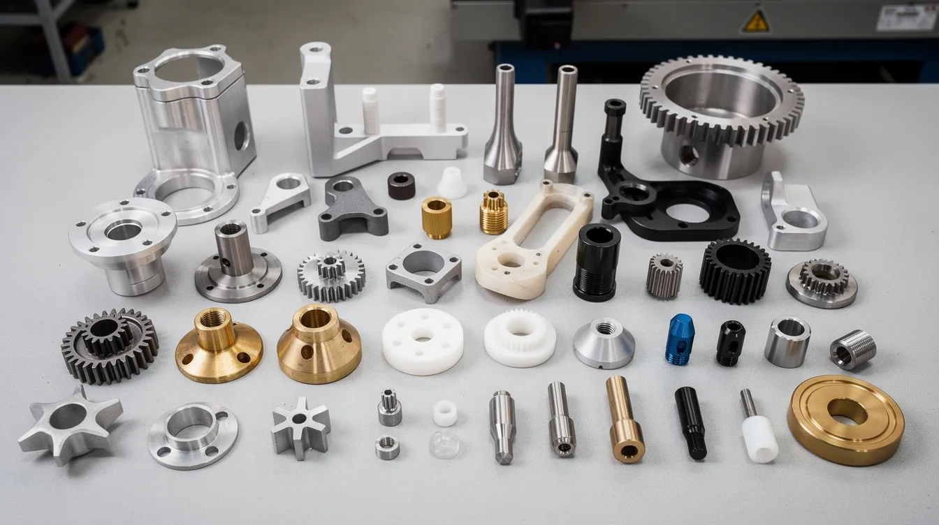 The image displays a variety of CNC machined metal and plastic parts arranged neatly on a workbench, showcasing different materials such as stainless steel and carbon fiber, along with various finishes. This collection highlights the precision and diversity of CNC machining services, emphasizing the capabilities for producing custom parts with tight tolerances and excellent mechanical properties.