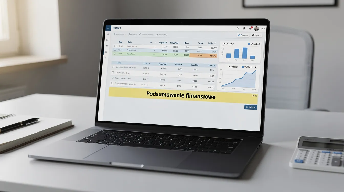 Na zdjęciu znajduje się laptop z otwartym programem księgowym, który wyświetla dane finansowe, takie jak rachunek zysków i strat oraz przychody netto spółki. Program może być używany do sporządzania rocznego sprawozdania finansowego oraz do składania dokumentów finansowych w Krajowym Rejestrze Sądowym.