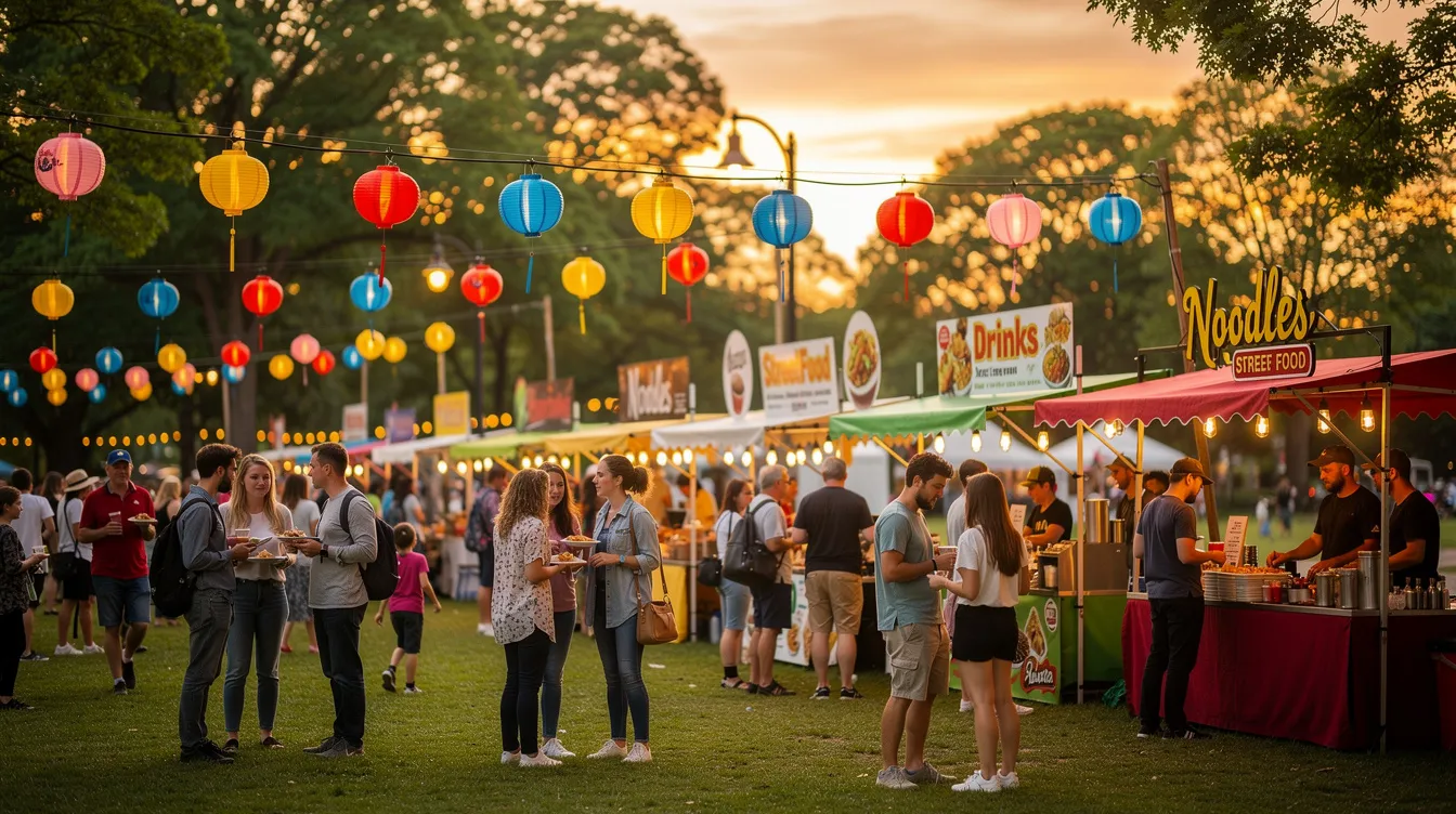 The image depicts a vibrant outdoor festive scene in a park, filled with colorful paper lanterns and groups of people enjoying various food stalls. This lively gathering reflects the cultural diversity of life in Ireland, showcasing the interaction between Indian students and the local Irish population during a cultural festival.