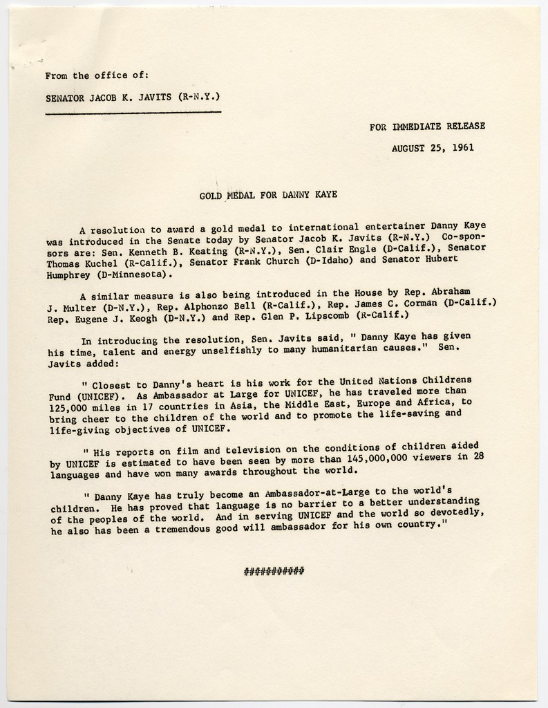 Press release from the office of Senator Jacob K. Javits (R-N.Y.) - Gold Medal for Danny Kaye, August 25, 1961