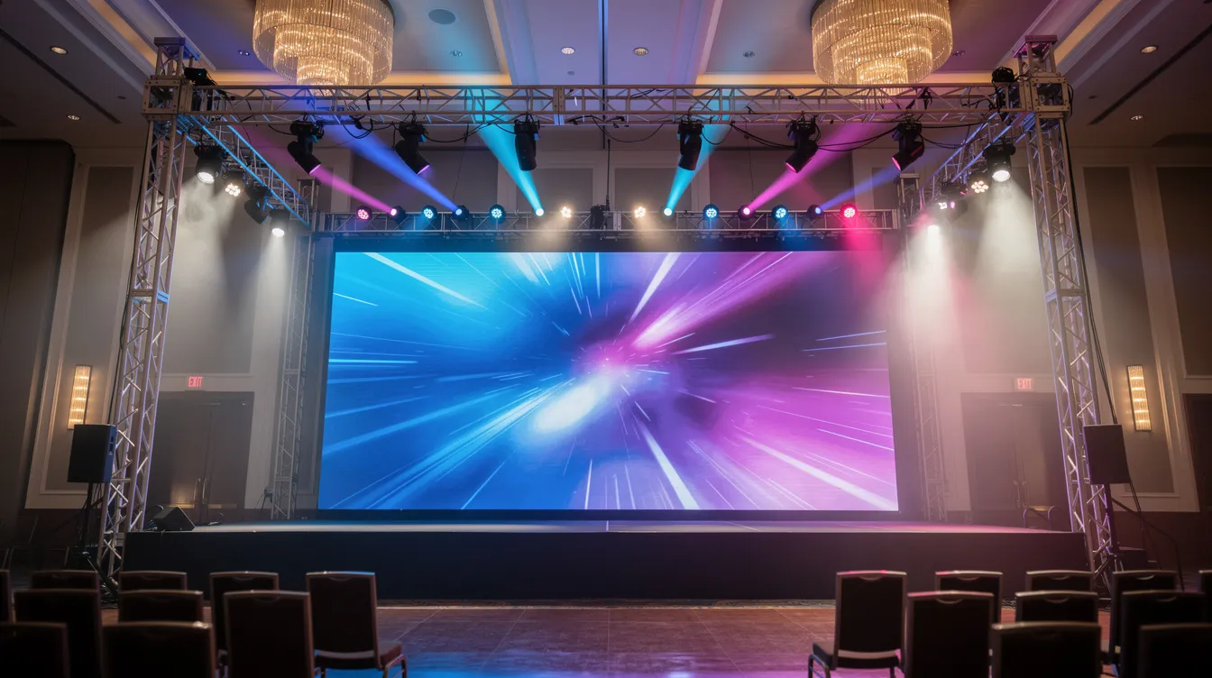 A ground-level view showcases a large LED video wall mounted on truss within a convention ballroom, surrounded by vibrant stage lighting, ideal for events like trade shows and corporate meetings at the Minneapolis Convention Center. The setup highlights advanced audio visual equipment, emphasizing the space's capability for live streaming and breakout sessions.