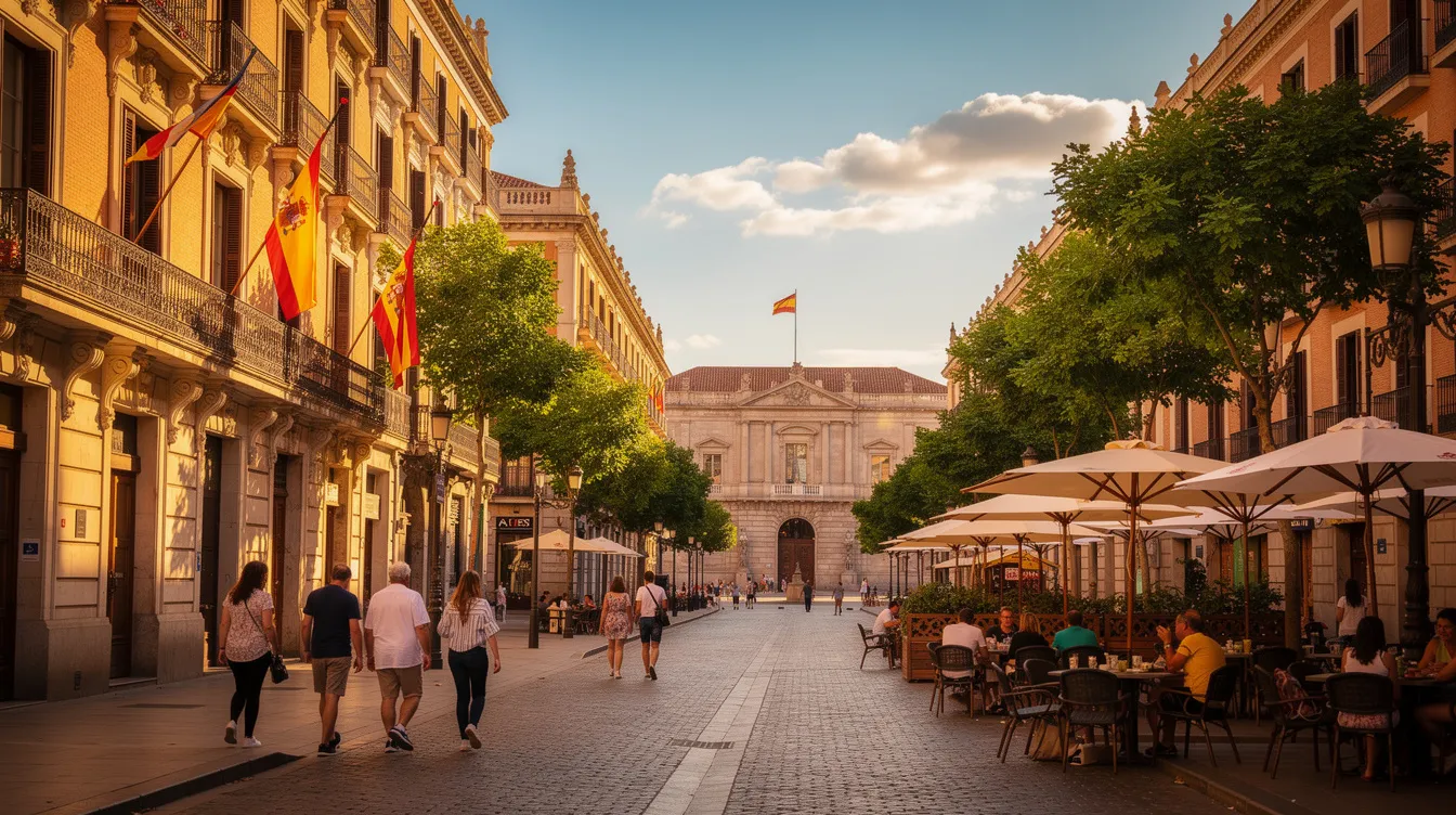 A imagem retrata uma bela vista de Madri, na Espanha, durante o verão, com seus edifícios históricos e áreas verdes. O centro da cidade exibe monumentos icônicos, como a Plaza de España, cercada por ruas movimentadas e turistas desfrutando do clima quente.