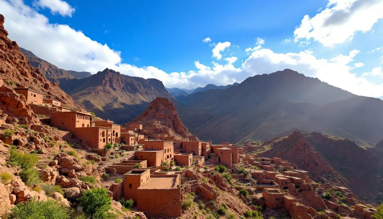 The image depicts a scenic view of the Atlas Mountains in Morocco, featuring traditional Berber village houses nestled on the mountainside, surrounded by lush greenery and rugged terrain. This stunning landscape showcases the cultural charm of the Berber villages, making it an ideal place for travelers exploring the rich heritage of Marrakech and its surroundings.