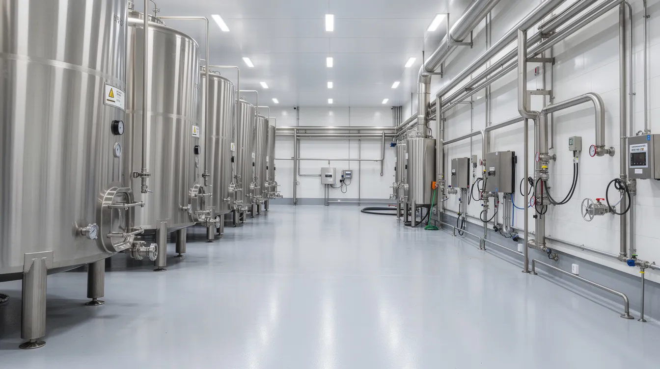 fe96e4e1 a750 4266 85f5 c3ad48efa914 The image depicts the interior of a modern dairy processing facility, showcasing large stainless steel tanks and extensive piping systems essential for milk processing. This advanced setup highlights the importance of food safety and quality assurance in the dairy industry, focusing on the production of value-added dairy products.