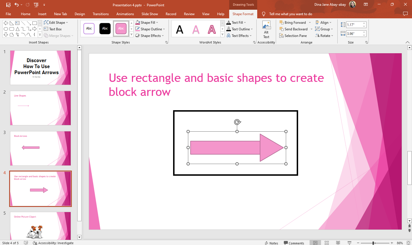 Then click group, once you group the two different shape on your slide you have created a block arrow.