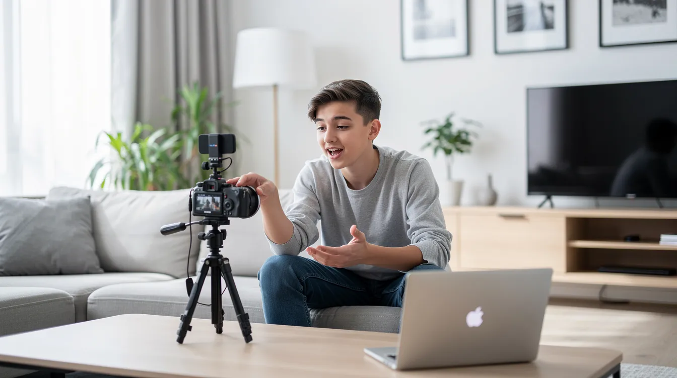 Een jonge vlogger filmt zichzelf in een moderne woonkamer, omringd door trendy meubels en decoraties. Deze setting weerspiegelt de leefstijl van populaire Nederlandse YouTubers zoals Enzo Knol, die bekend staat om zijn dagelijkse vlogs en miljoenen views.