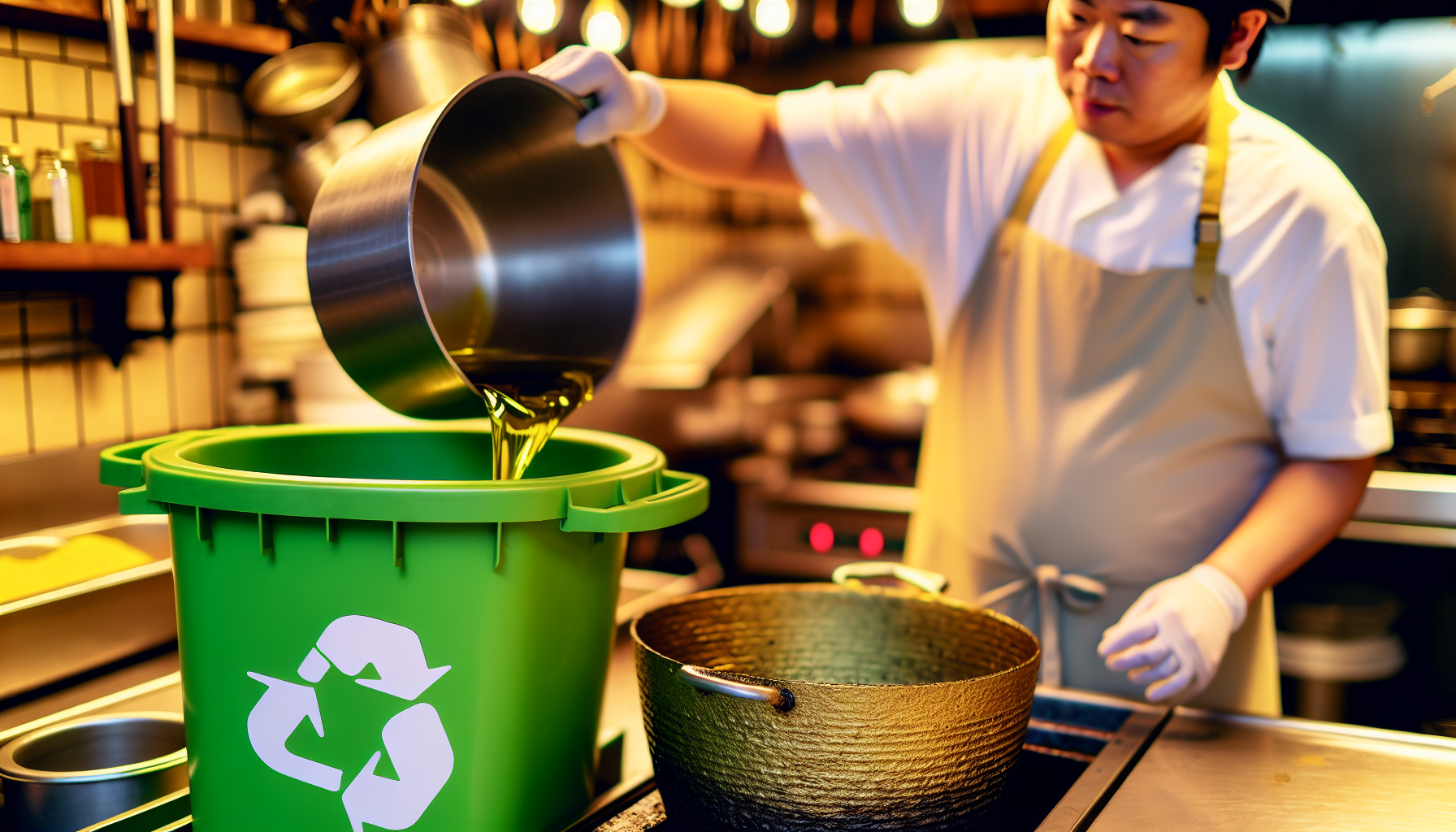 A restaurant owner pouring used cooking oil into a grease collection bin