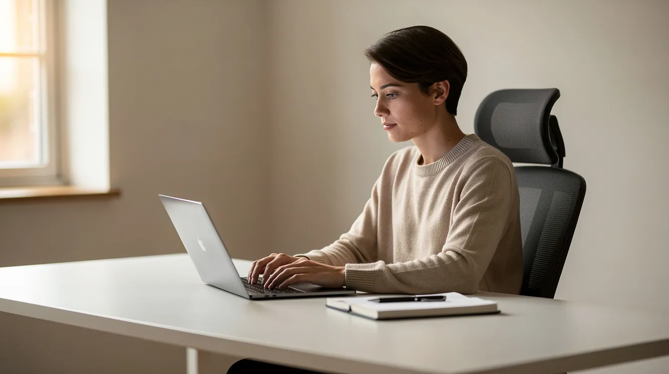The image shows a person sitting at a clean desk with a laptop, exuding a calm and focused demeanor while working. This setting suggests an environment conducive to mental clarity and cognitive support, potentially enhanced by dietary supplements like functional mushroom gummies for improved focus and brain health.