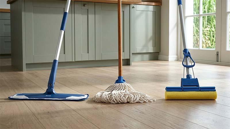 Hardwood kitchen floor with a flat mop, a string mop and a sponge mop