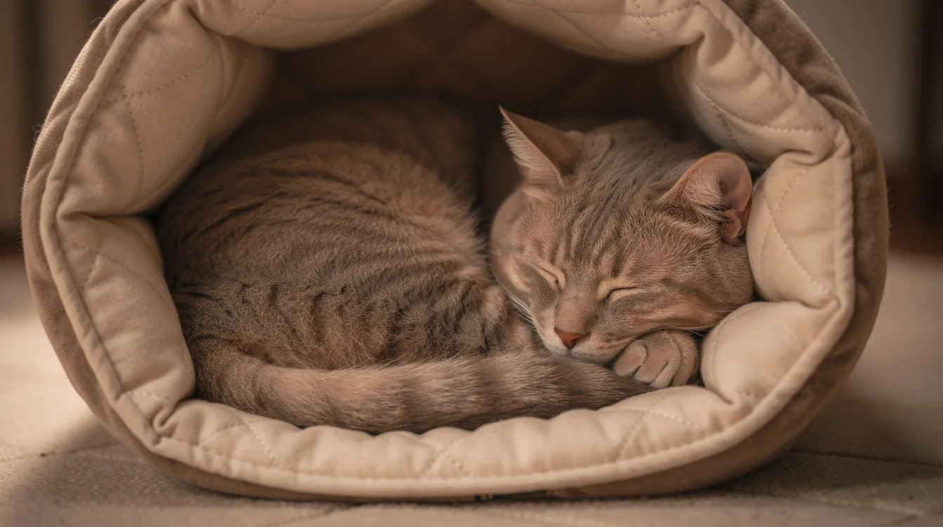 A cozy cat is curled up and sleeping inside a padded fabric tunnel, illuminated by soft lighting that enhances the plush exterior of the tunnel bed. This inviting space allows cats to explore, hide, and enjoy their natural instincts in comfort.
